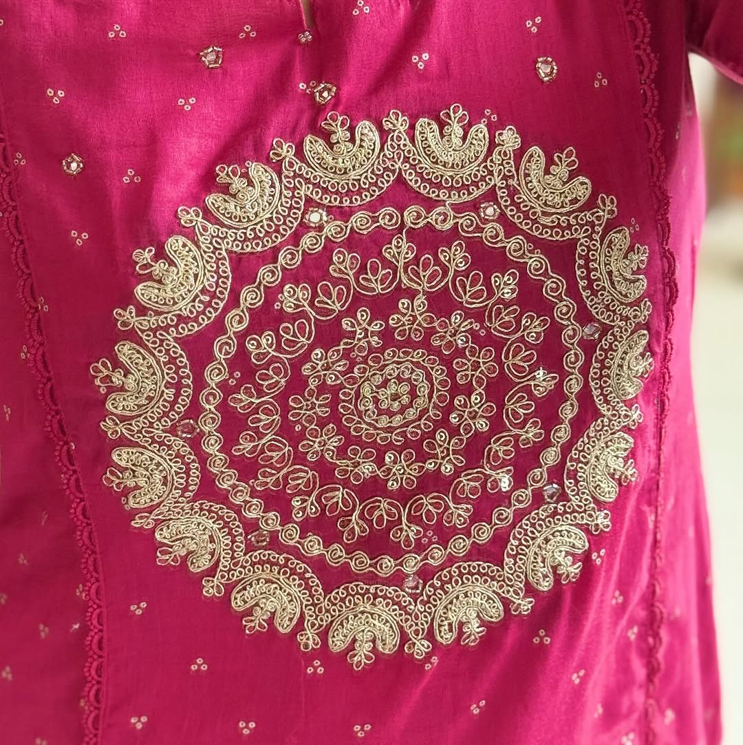 A-Line Cotton Kurti Set with Embroidered Yoke & Dupatta