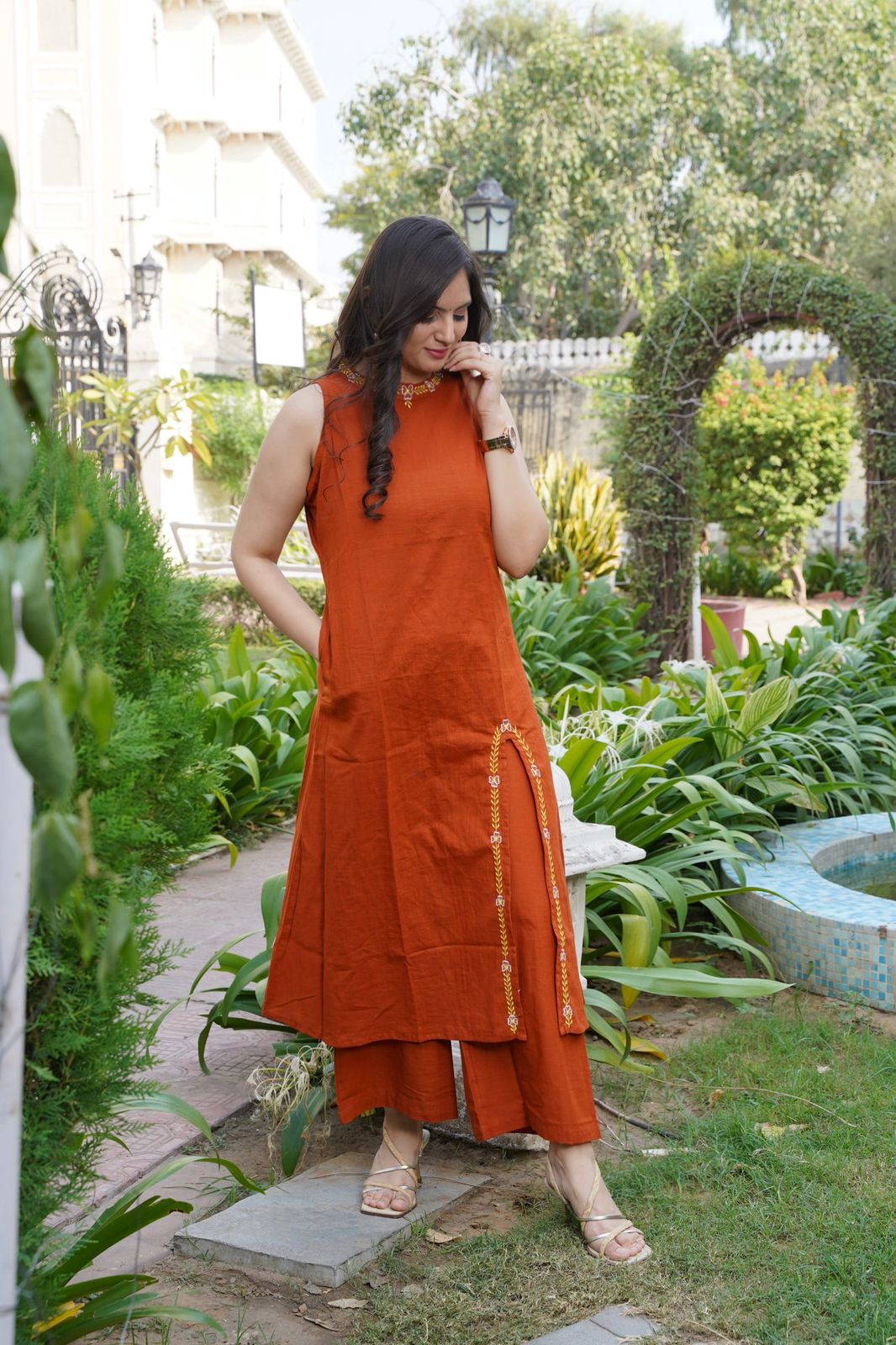 A-Line Cotton Slub Kurti Palazzo Set with Embroidery – Rust