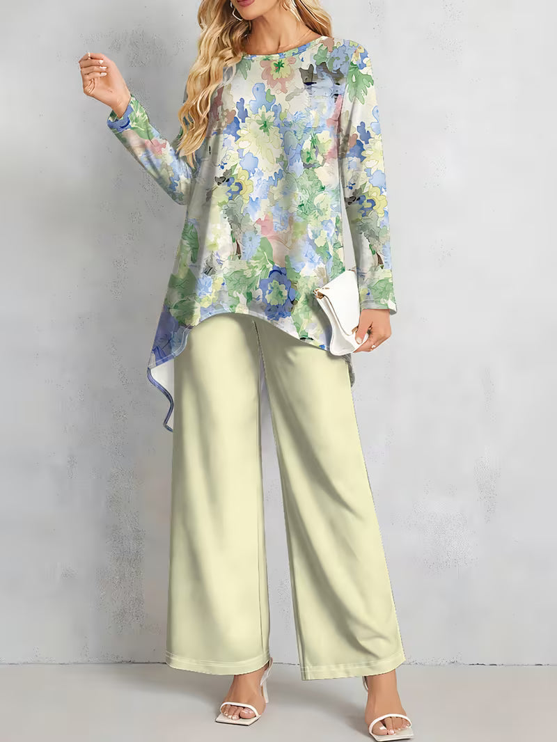 Women’s Long-Sleeve Floral Suit – Light Red Flowers on Gray, Casual & Vacation Wear