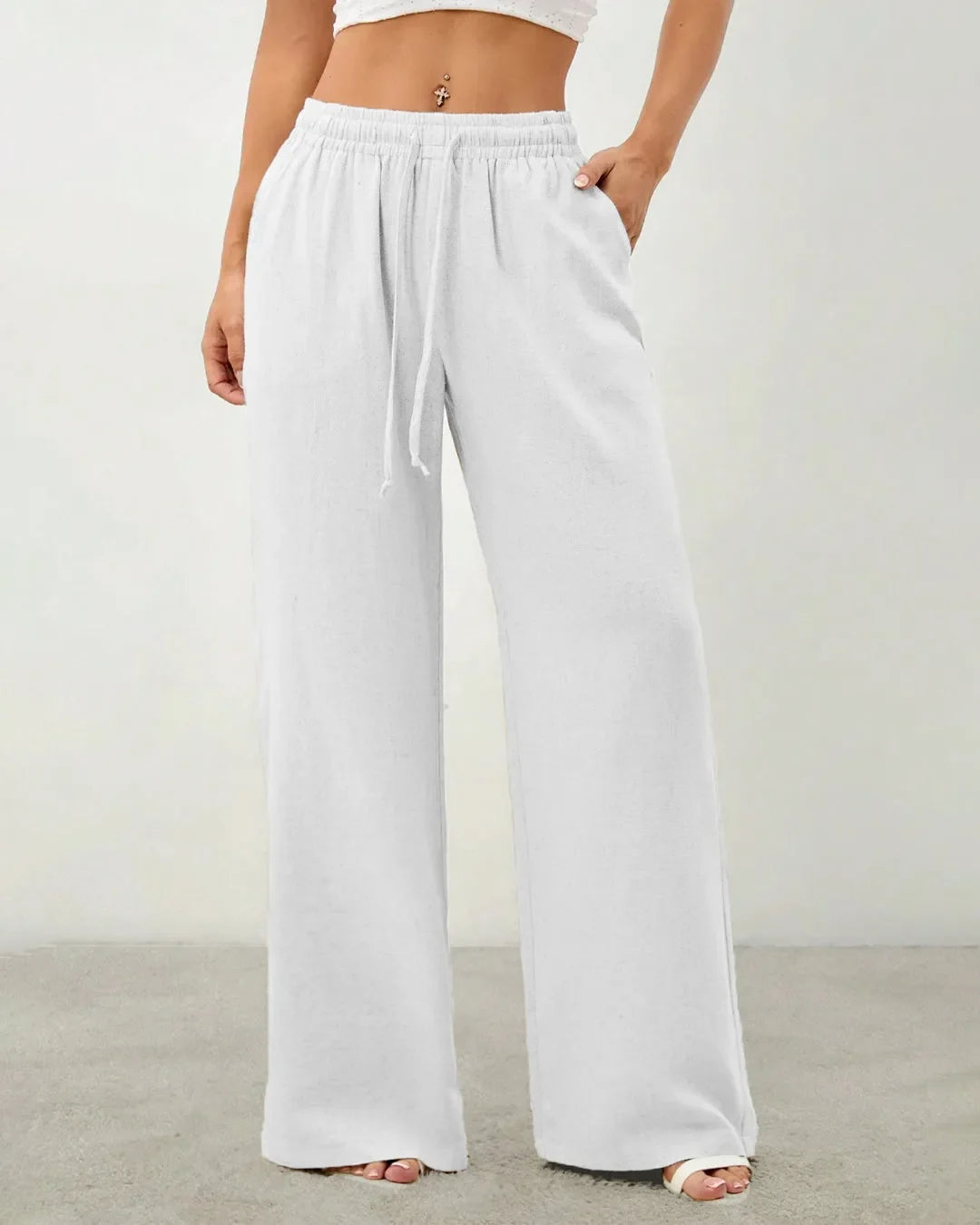 White Drawstring Wide Leg Lounge Pants