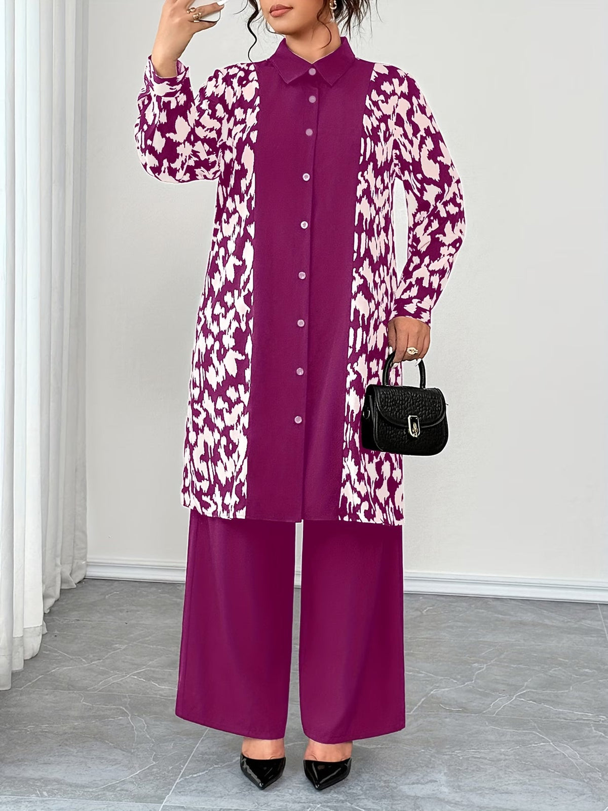 Women's Elegant Patchwork Cardigan, Mid-Length Shirt & Straight-Leg Trousers Set