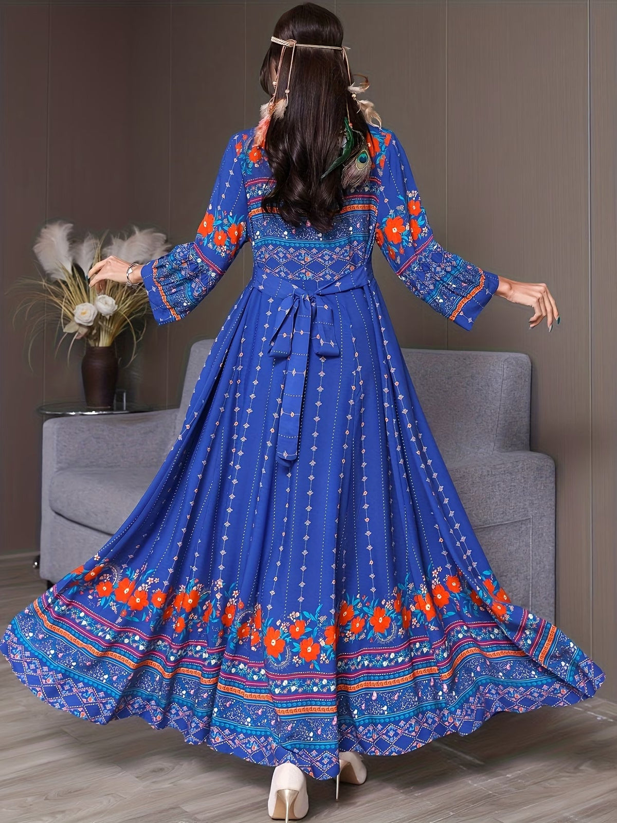 Women's Bohemian Ethnic Print Maxi Dress with Flowing Hem