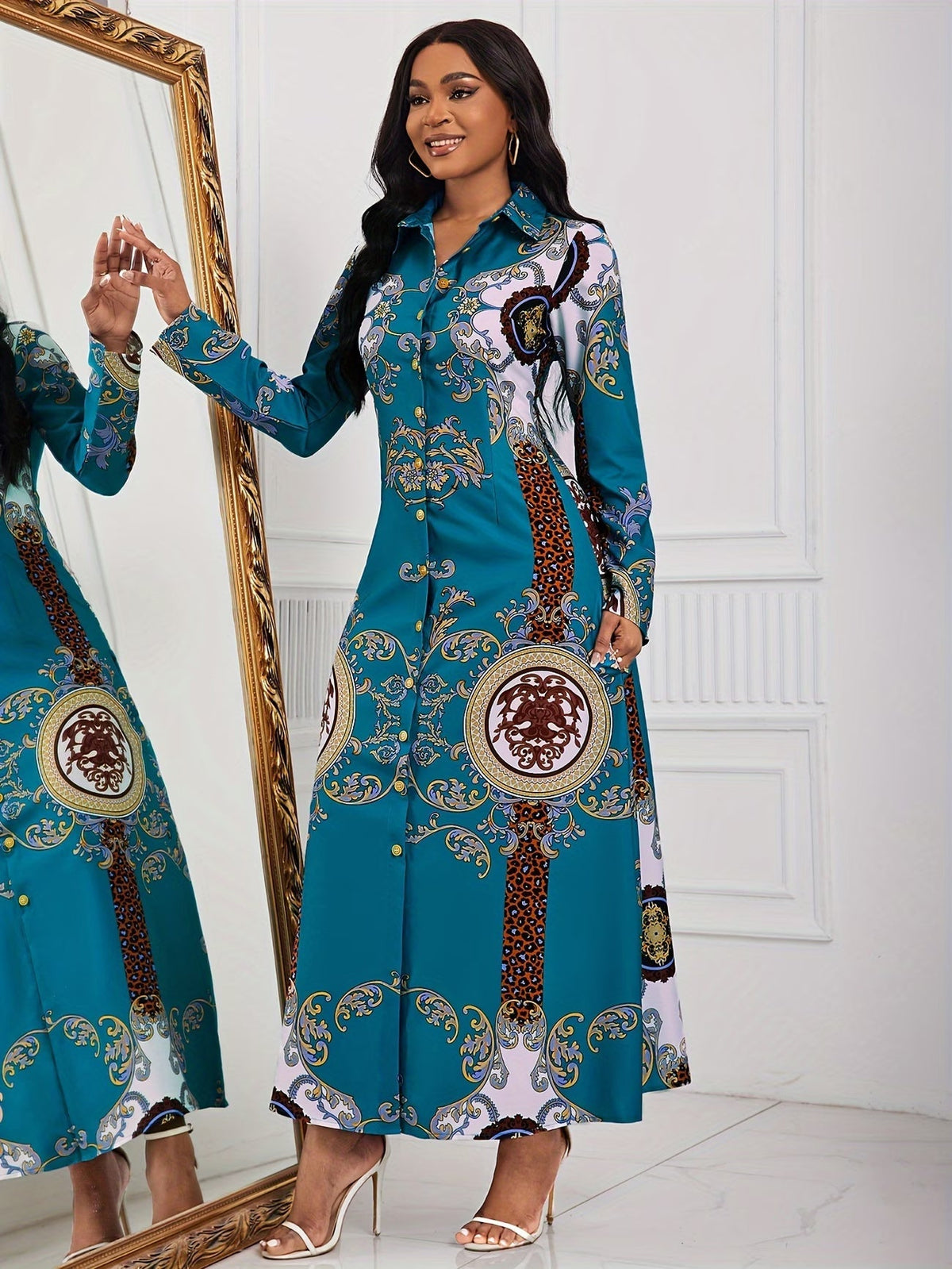 Tribal Print Lapel Button-Front Dress