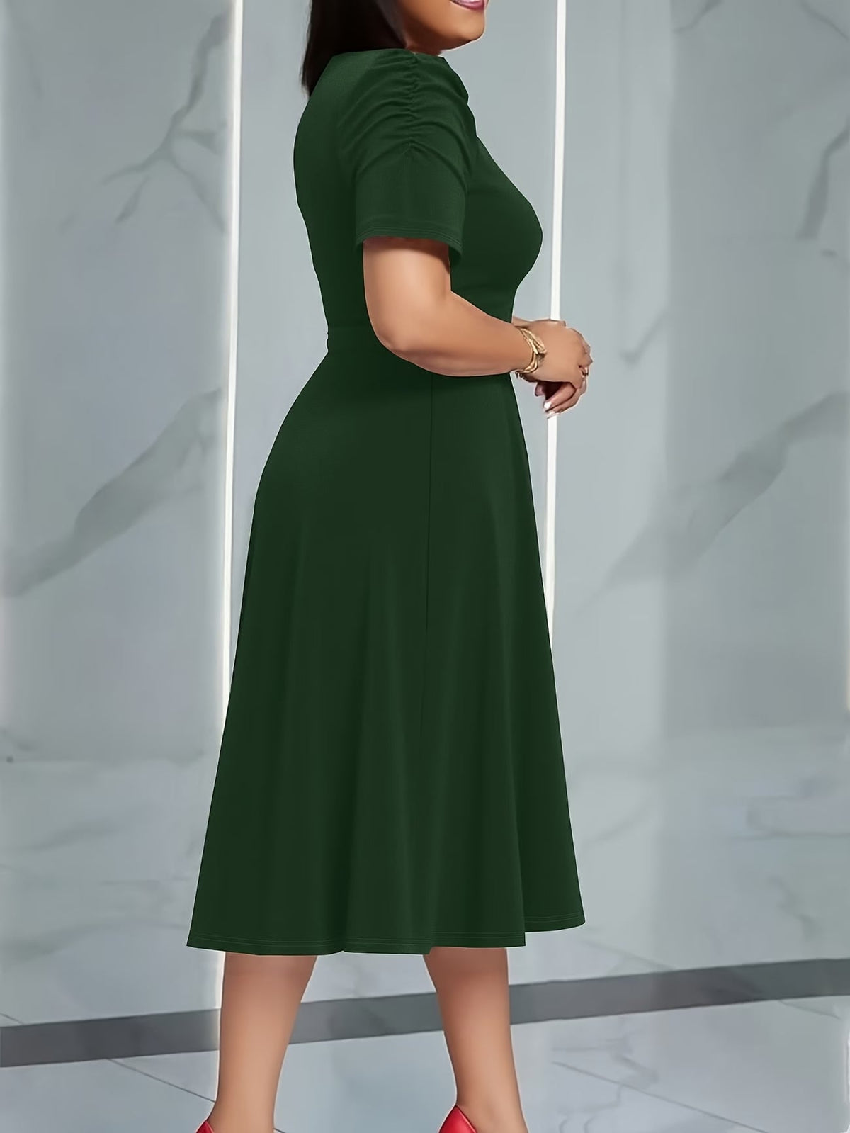 Women's Elegant V-Neck Ruffle Midi Dress with Waist Belt