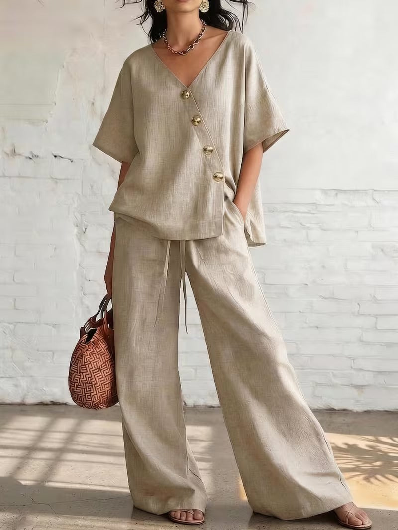 V-Neck Buttoned Top & Drawstring Wide-Leg Pants
