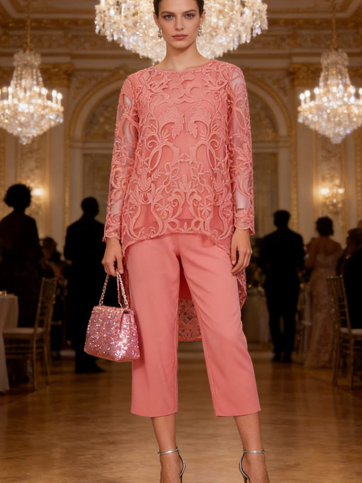 Elegant Lace Chiffon Pantsuit