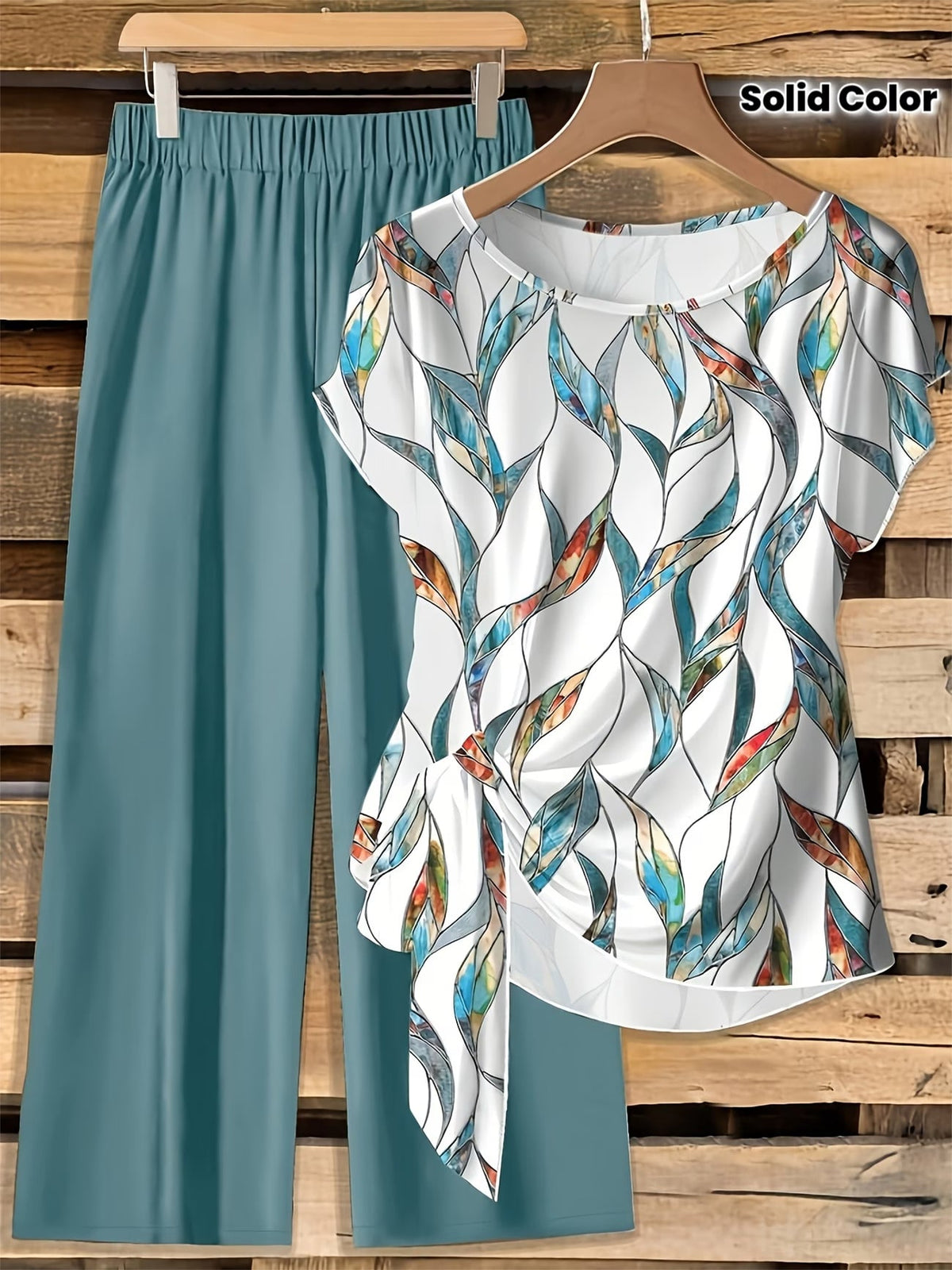 Women's Floral Print Tie-Front Shirt & Wide-Leg Pants Two-Piece Set