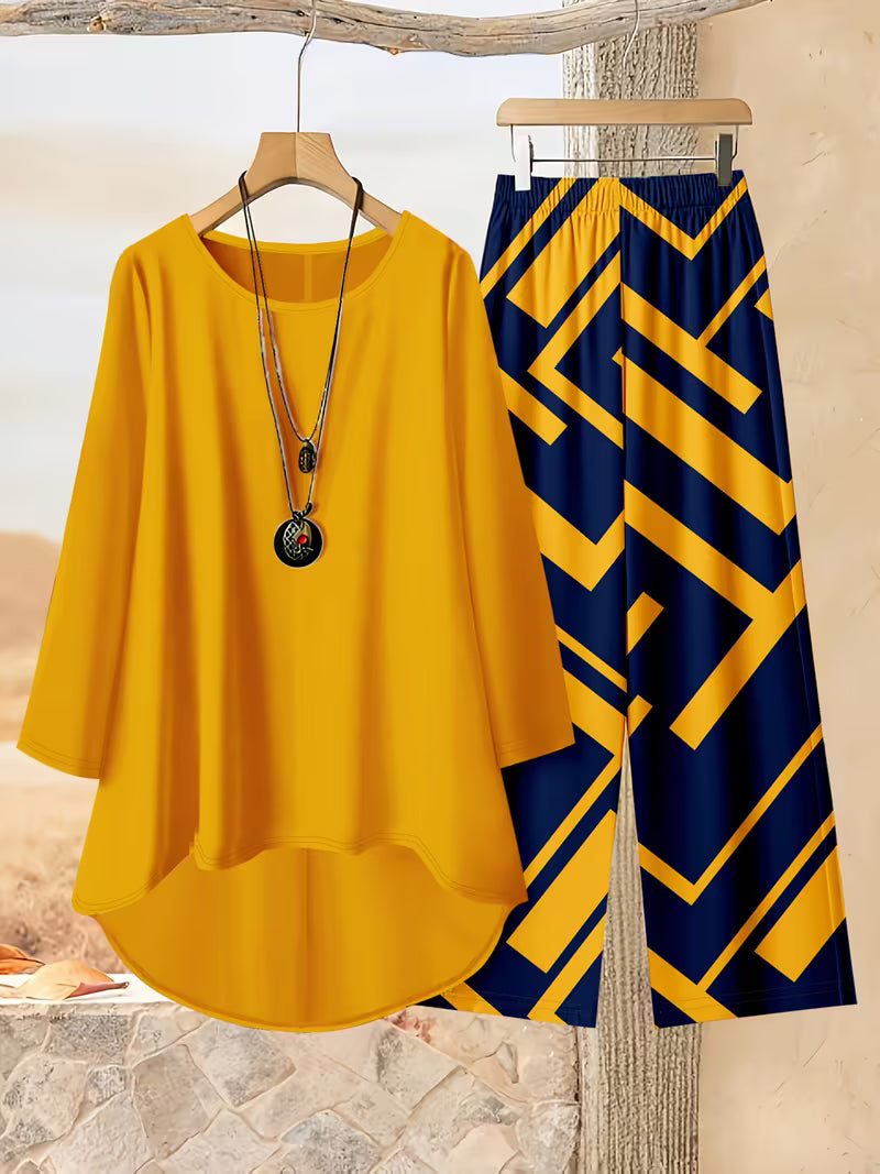 Plus Size Women’s Loose Net Color Top & Printed Pants Set – 2pcs Casual Outfit