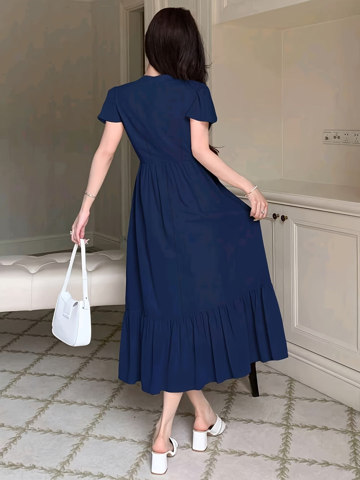 Women's Elegant Pleated Waist Ruffle Hem Maxi Dress