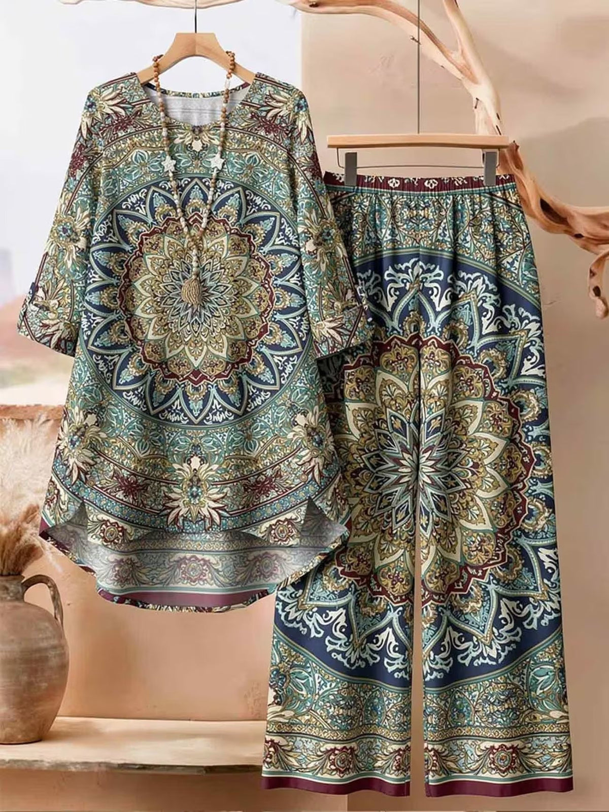 Plus Size Bohemian Printed Co-Ord Set – V-Neck Casual Tunic & Pants Outfit