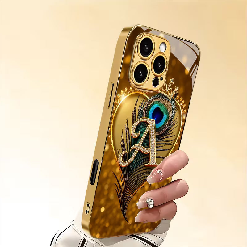 Luxury Golden Peacock Feather Glass Case for iPhone 📱✨