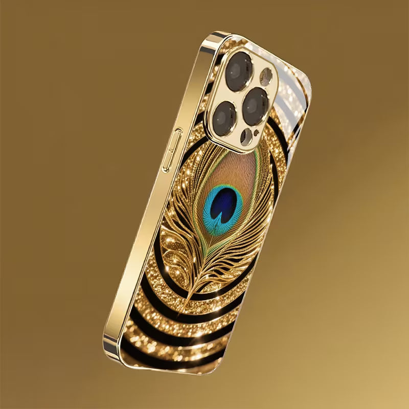 Luxury Golden Peacock Feather Glass Case for iPhone 📱✨