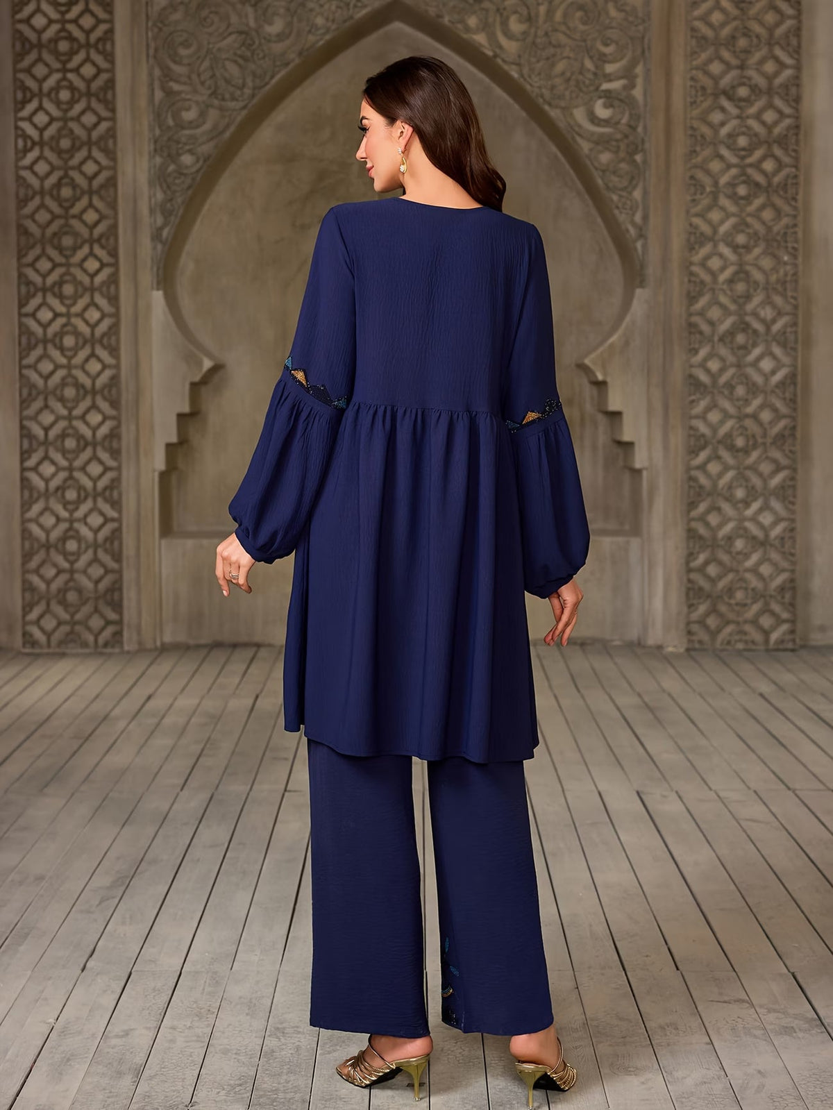 Women's Elegant Rhinestone Detail Long Sleeve Top & Wide-Leg Pants Set