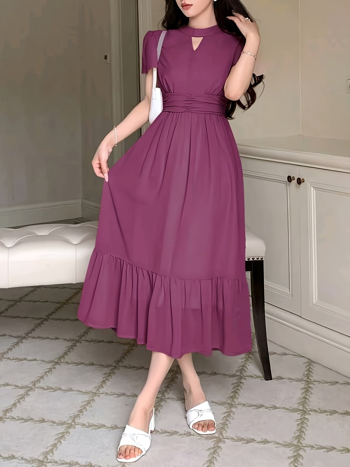 Women's Elegant Pleated Waist Ruffle Hem Maxi Dress