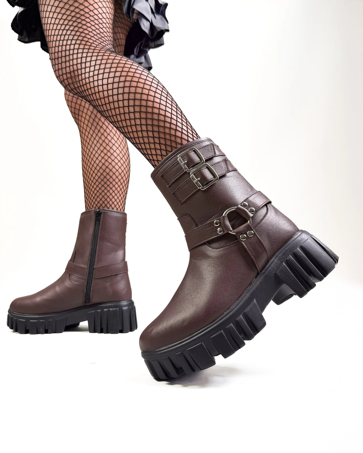Retro Platform Plain Buckled Short Boots In Coffee Brown