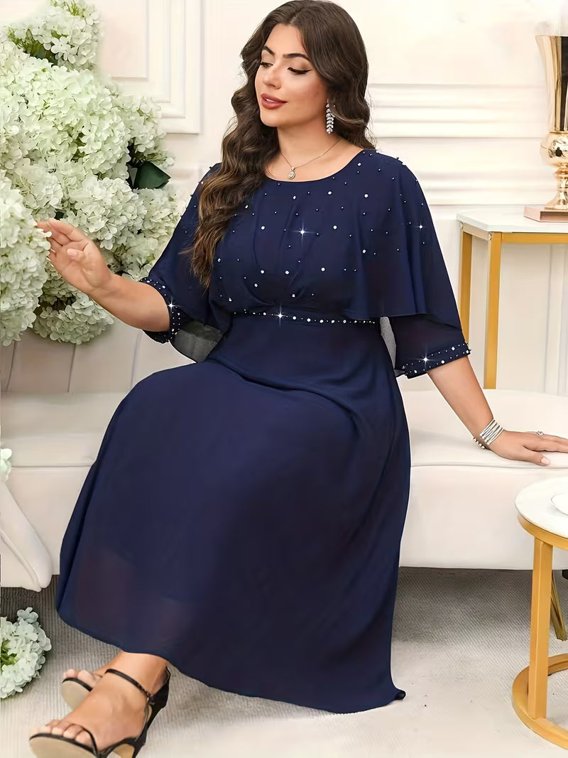 Plus Size Women’s Elegant Rhinestone Collar Dress