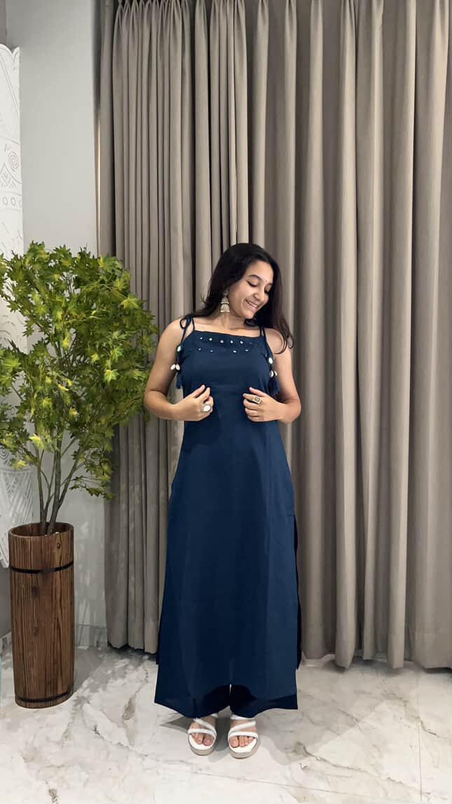Aari Mirror Work Cotton Slub Cord Set - Sleeveless Kurta & Pant