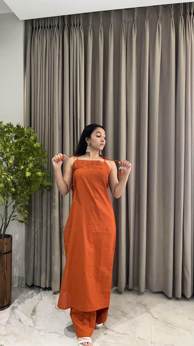 Aari Mirror Work Cotton Slub Cord Set - Sleeveless Kurta & Pant