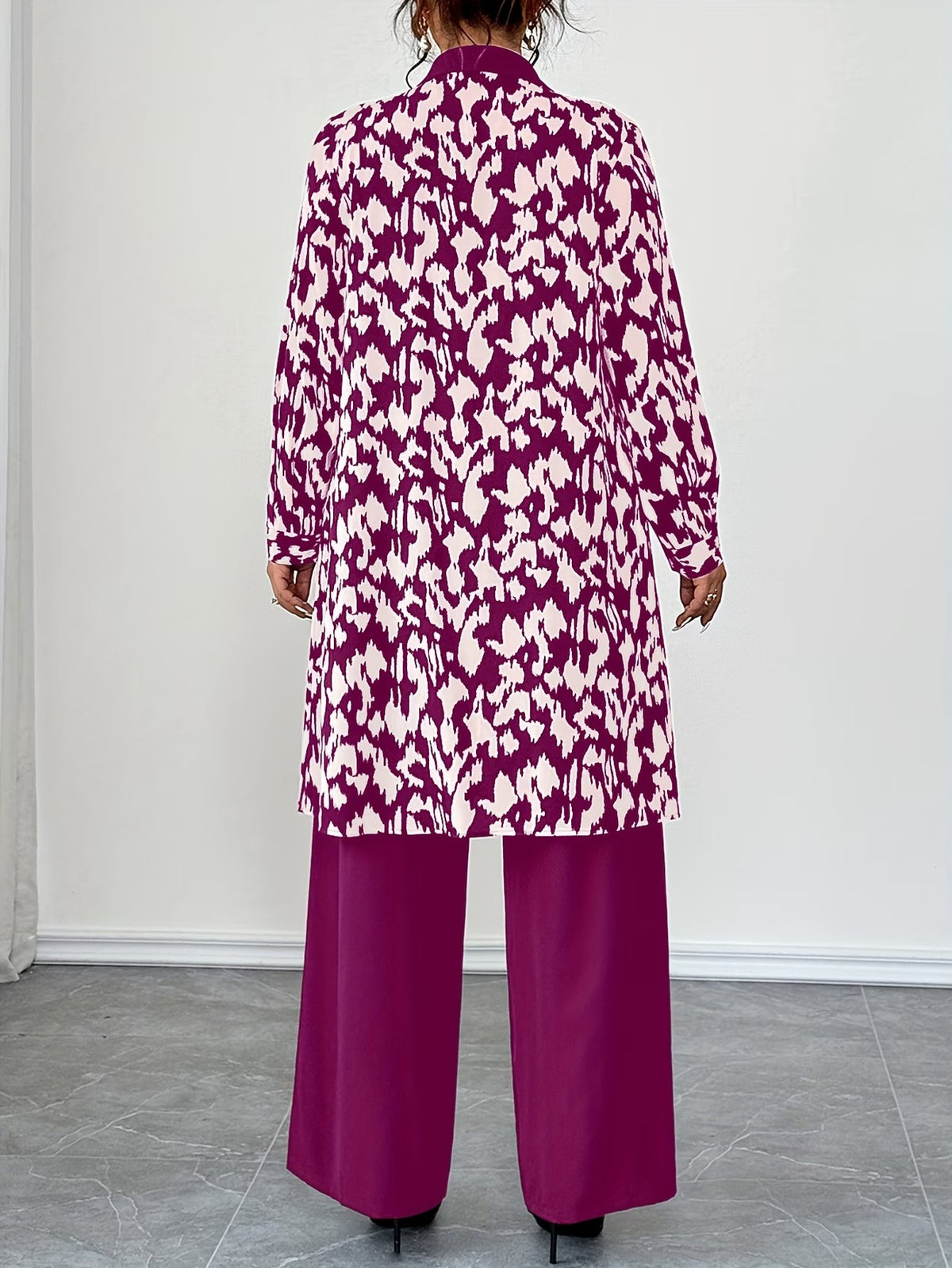 Women's Elegant Patchwork Cardigan, Mid-Length Shirt & Straight-Leg Trousers Set