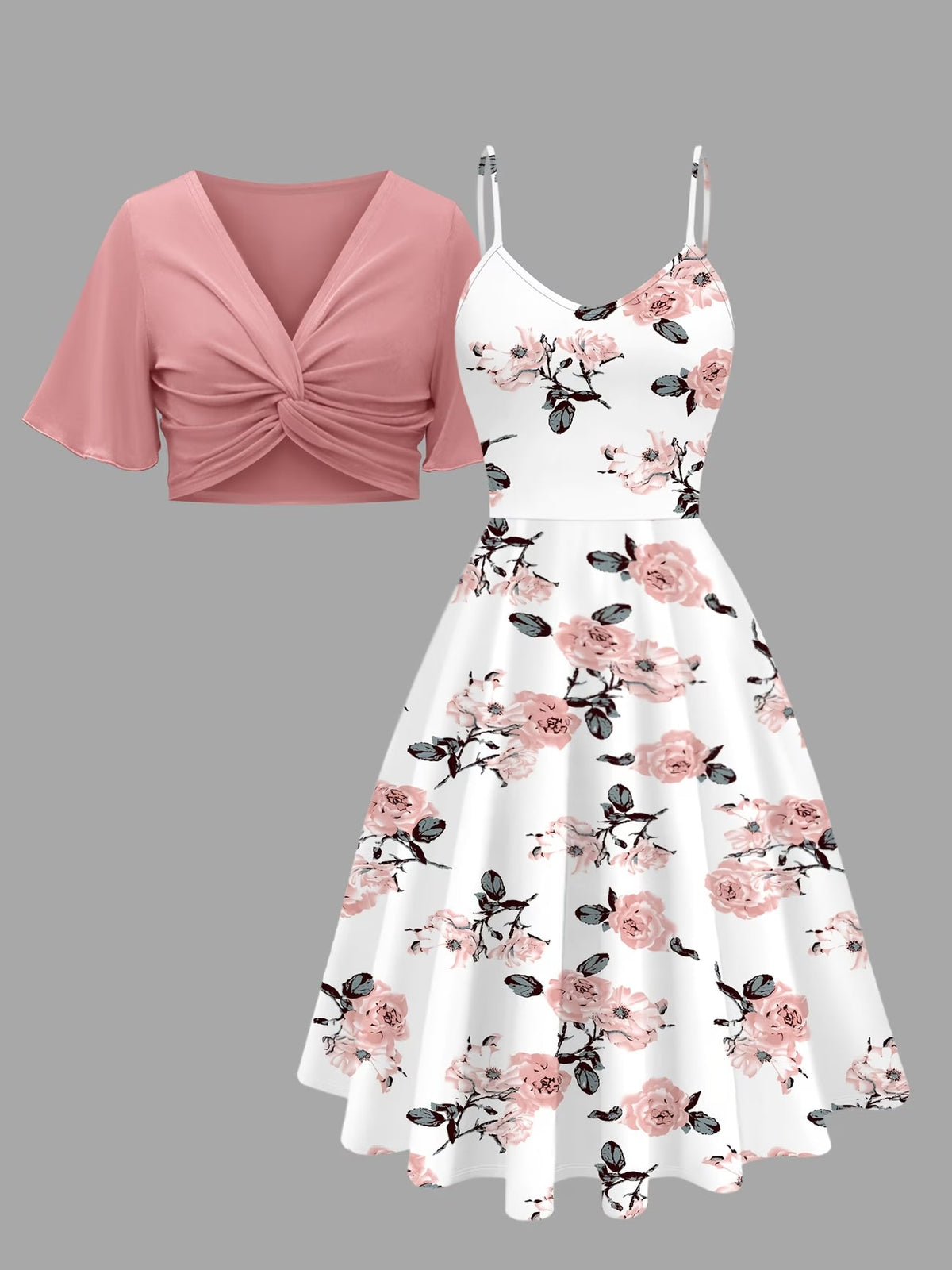Women Summer Vacation Floral Dress & Top 2-Piece Set