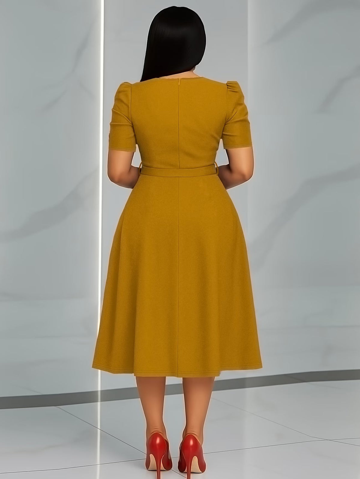 Women's Elegant V-Neck Ruffle Midi Dress with Waist Belt