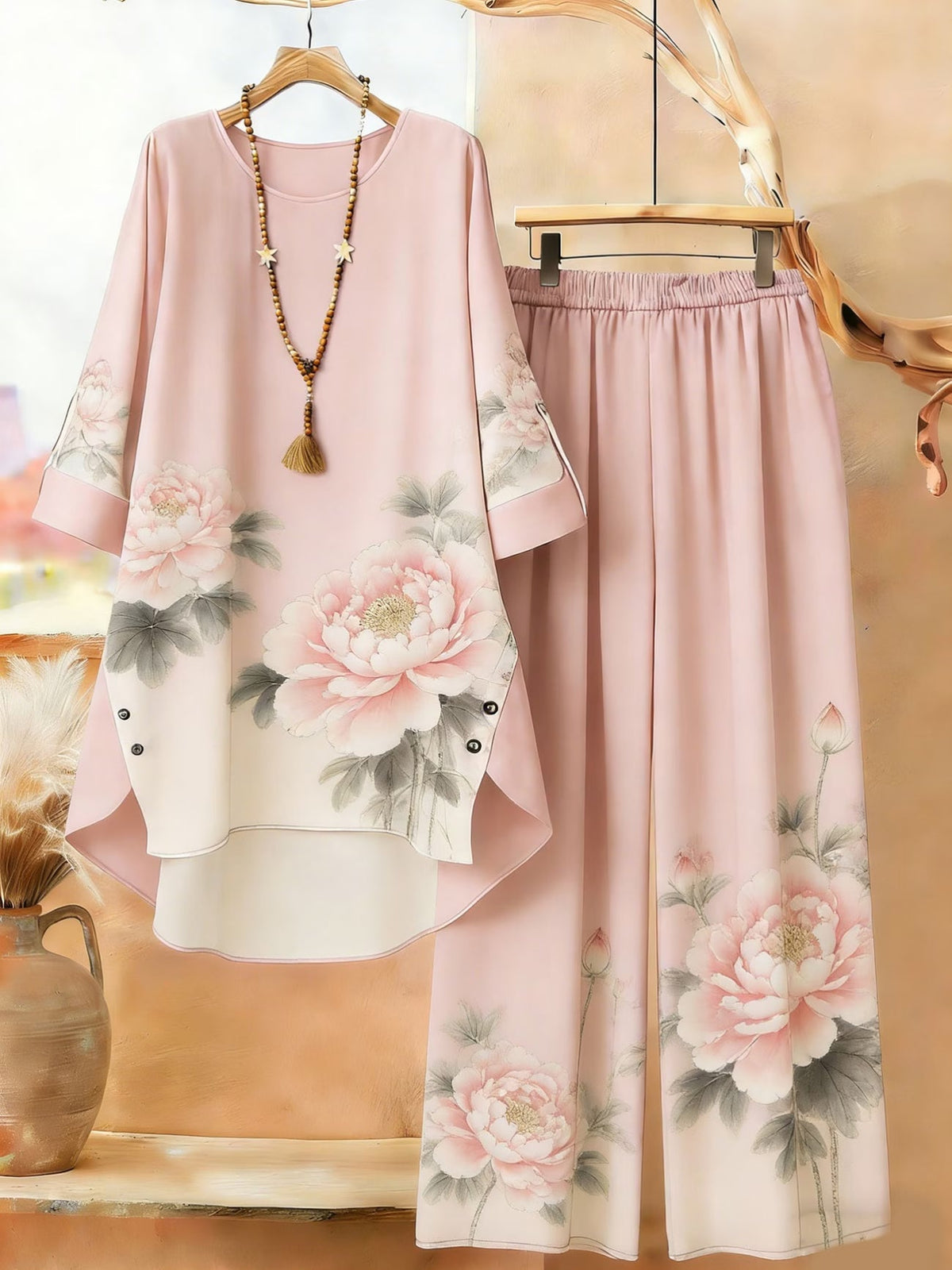 Plus Size Bohemian Printed Co-Ord Set – V-Neck Casual Tunic & Pants Outfit