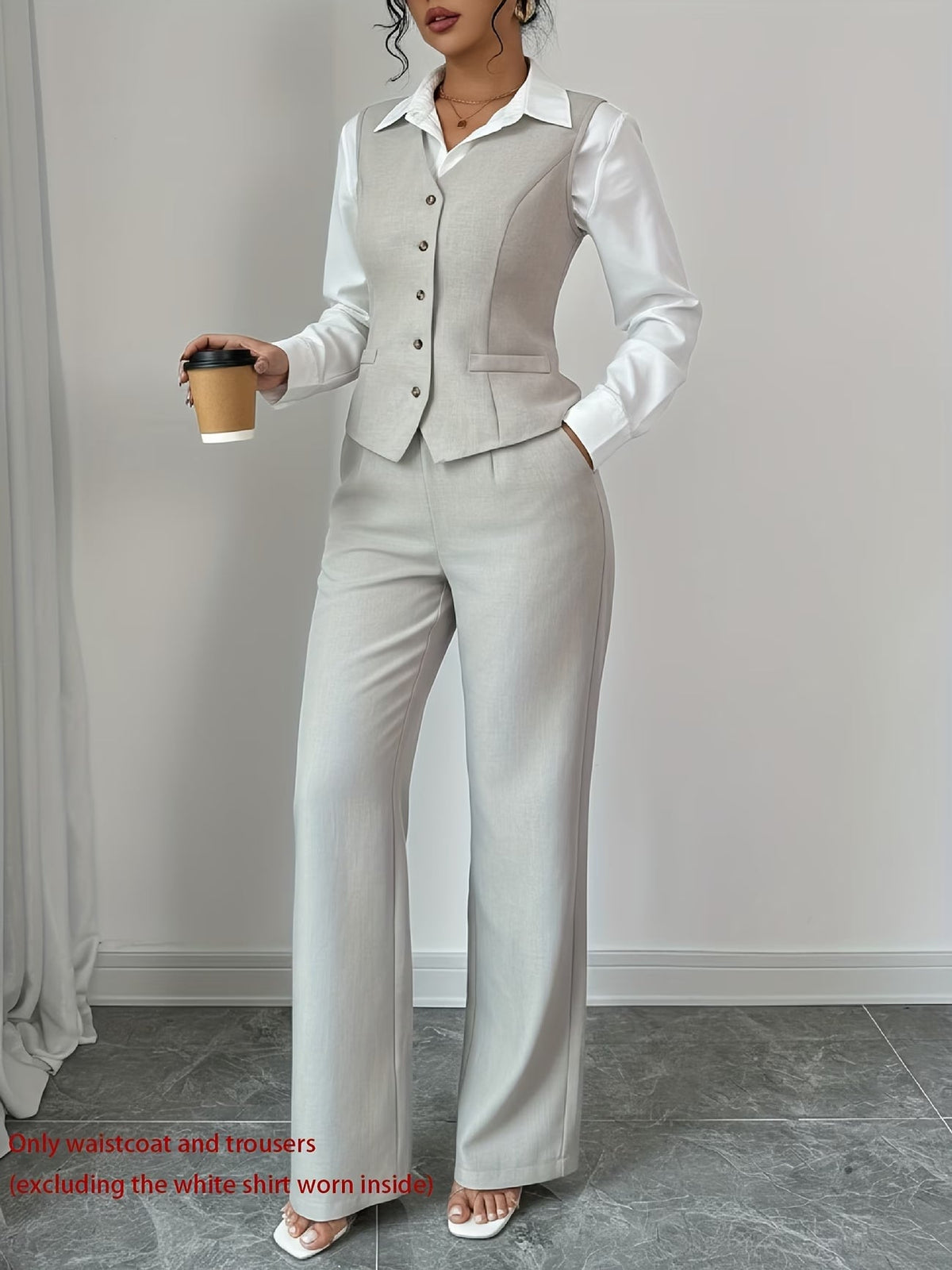 Women's Sleeveless Waist-Cinched Vest & Wide-Leg Pants Two-Piece Set