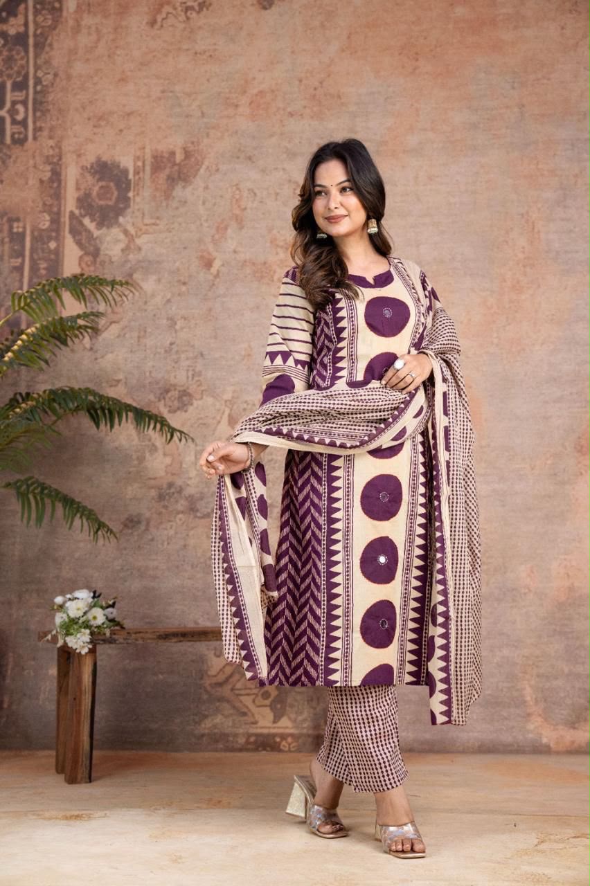 Ajrakh Cotton Suit Set with Mirror & Kantha Work and Printed Dupatta
