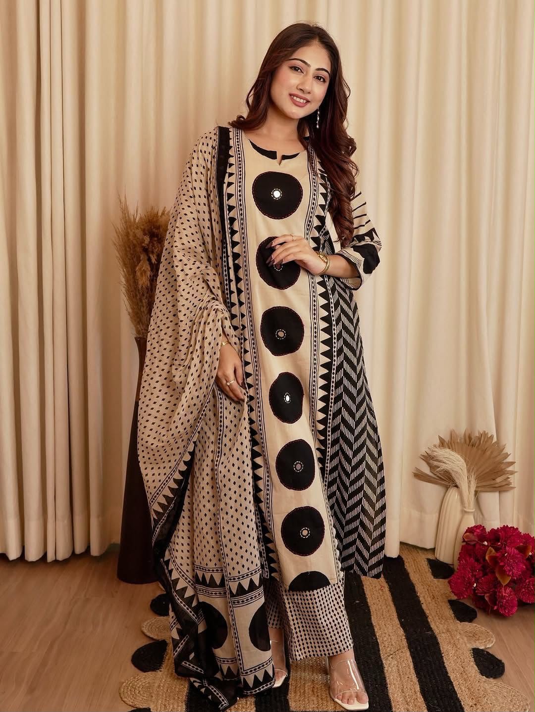 Ajrakh Cotton Suit Set with Mirror & Kantha Work and Printed Dupatta