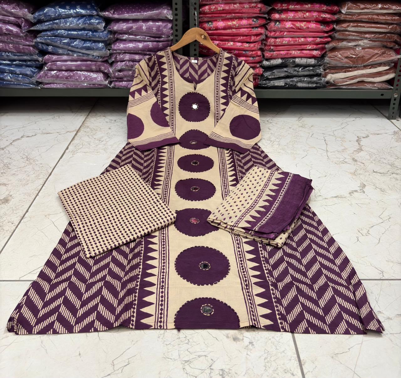 Ajrakh Cotton Suit Set with Mirror & Kantha Work and Printed Dupatta