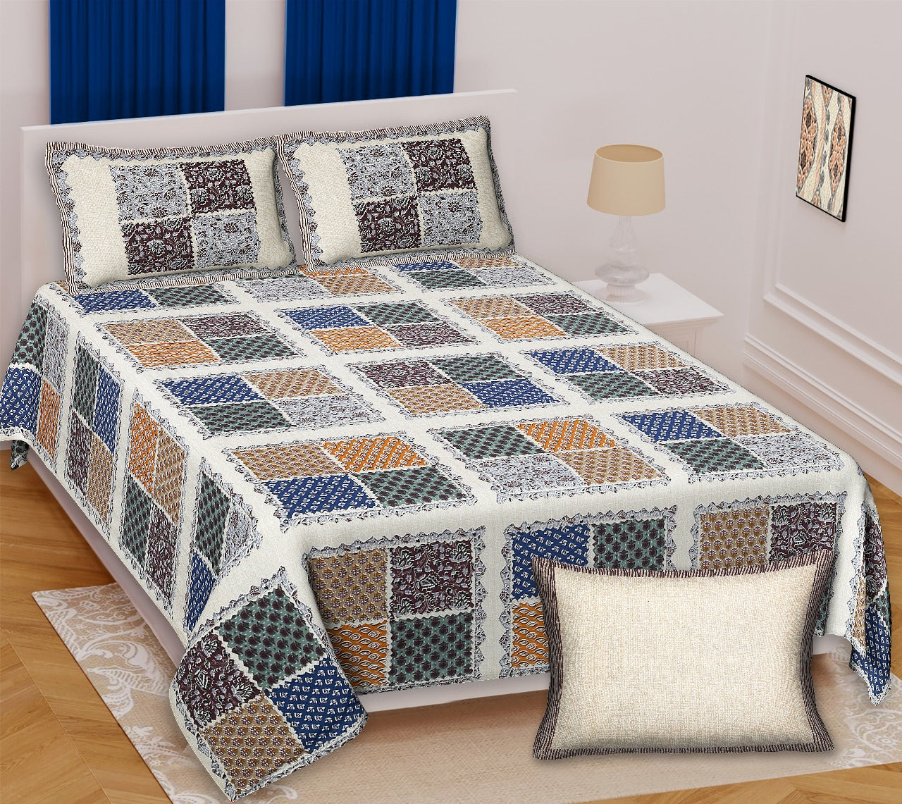 Ajrakh King Size Cotton Bedsheet (100x108") with 2 Pillow Covers
