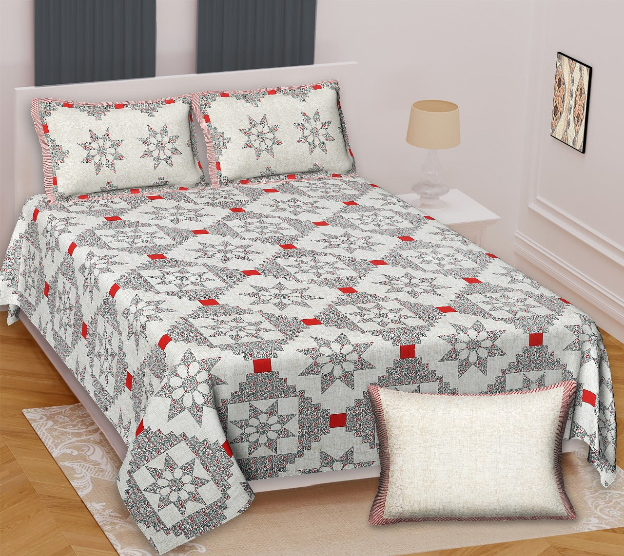 Ajrakh King Size Cotton Bedsheet (100x108") with 2 Pillow Covers