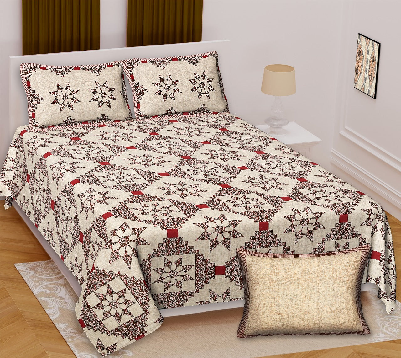 Ajrakh King Size Cotton Bedsheet (100x108") with 2 Pillow Covers