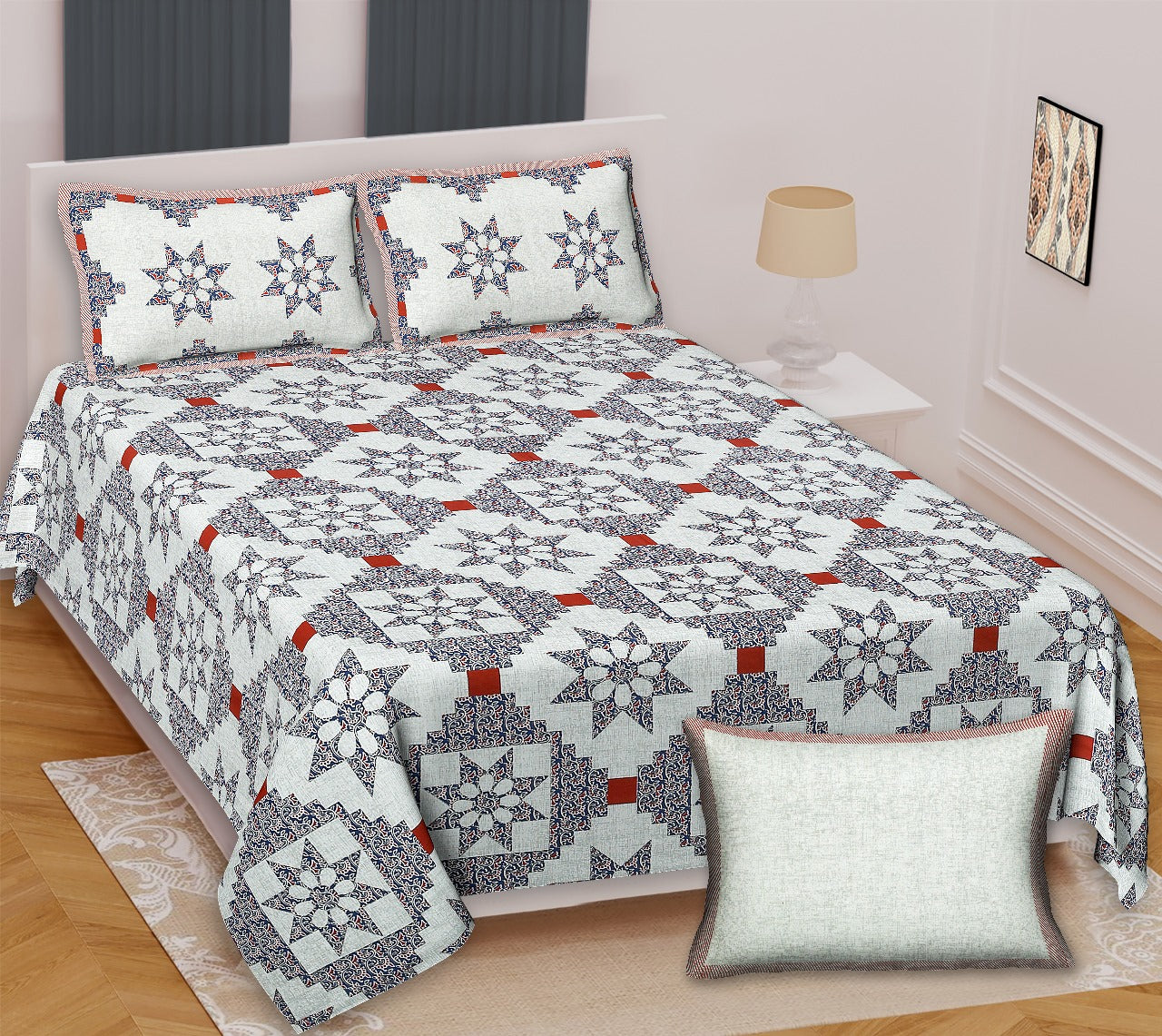 Ajrakh King Size Cotton Bedsheet (100x108") with 2 Pillow Covers