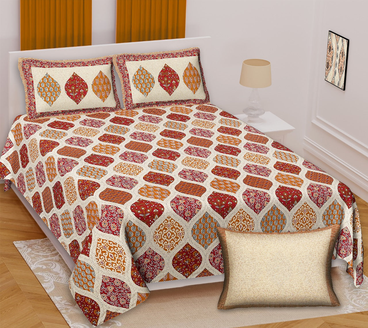 Ajrakh King Size Cotton Bedsheet (100x108") with 2 Pillow Covers