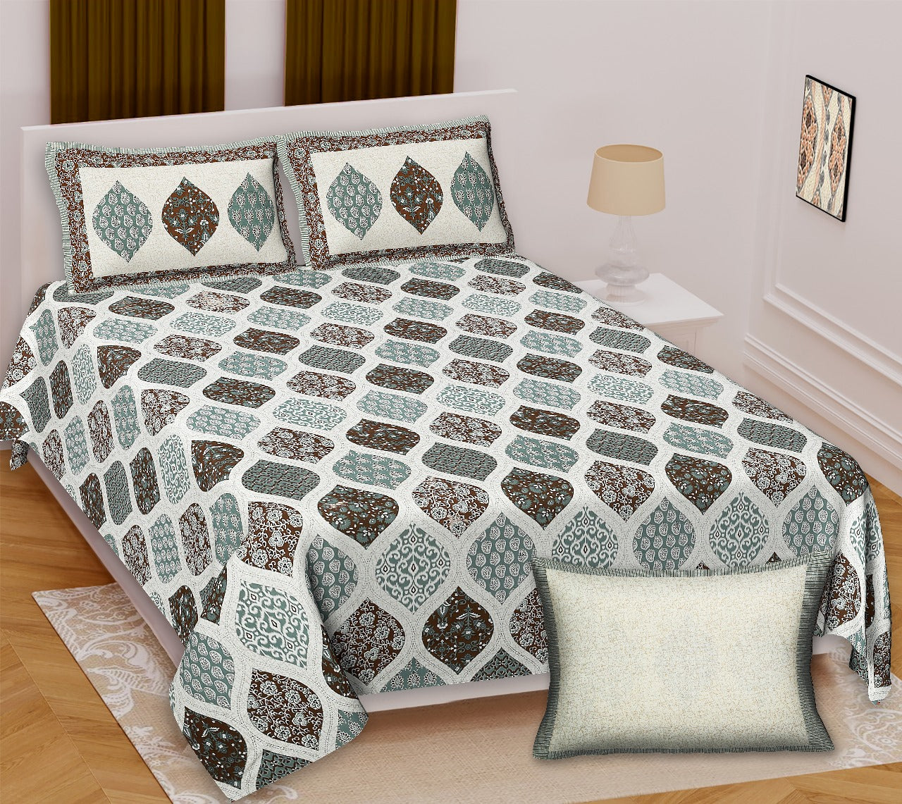 Ajrakh King Size Cotton Bedsheet (100x108") with 2 Pillow Covers