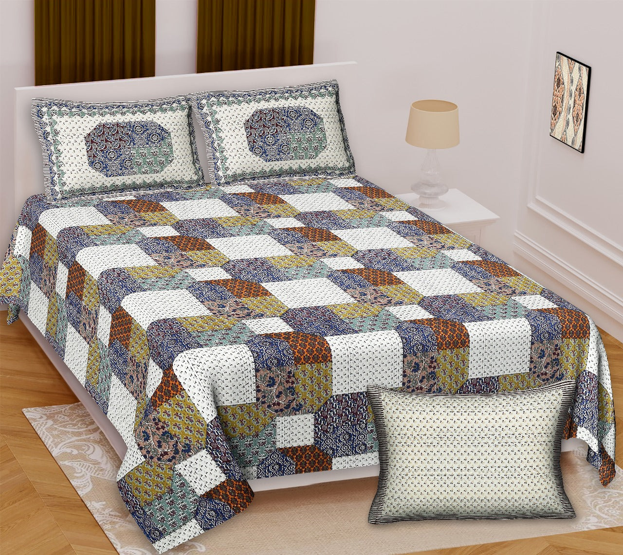 Ajrakh King Size Cotton Bedsheet (100x108") with 2 Pillow Covers