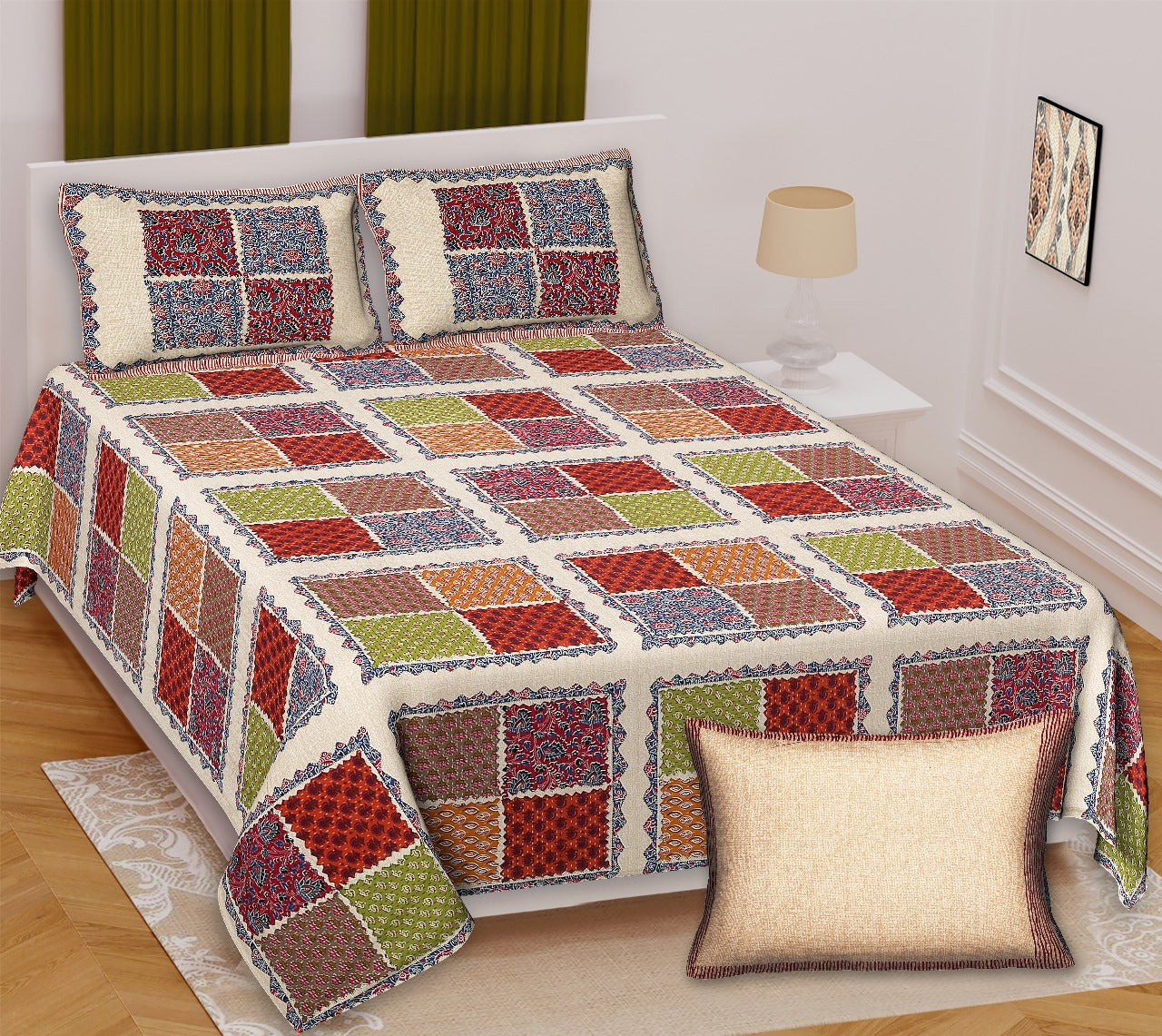 Ajrakh King Size Cotton Bedsheet (100x108") with 2 Pillow Covers