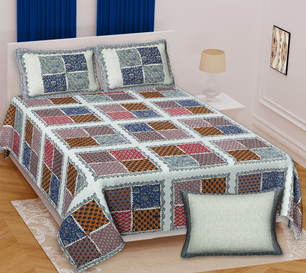 Ajrakh King Size Cotton Bedsheet (100x108") with 2 Pillow Covers