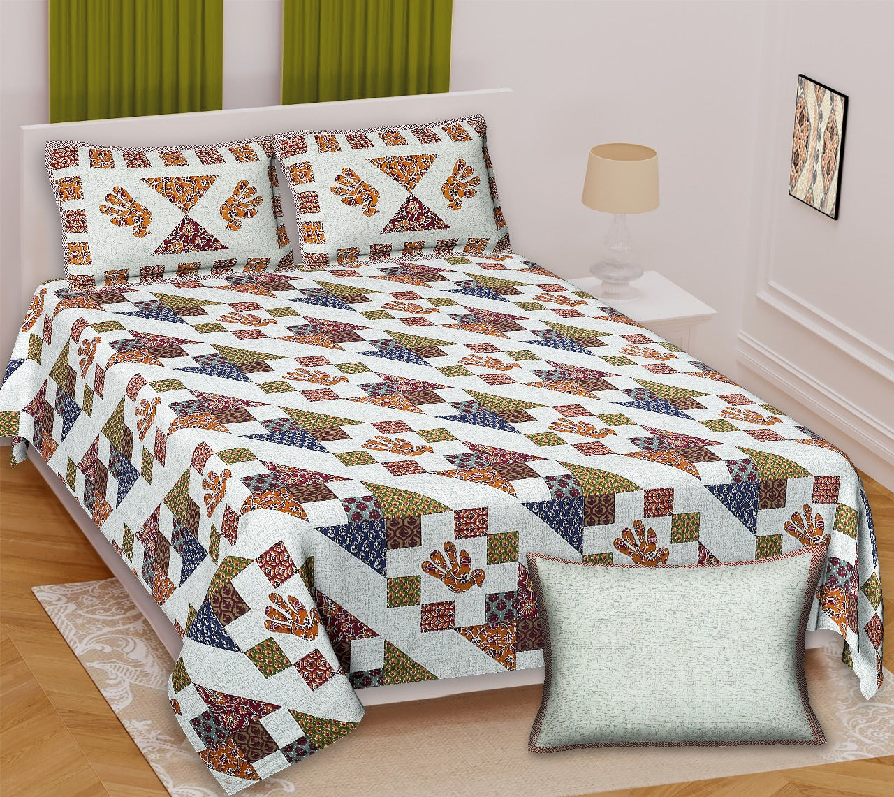 Ajrakh King Size Cotton Bedsheet (100x108") with 2 Pillow Covers