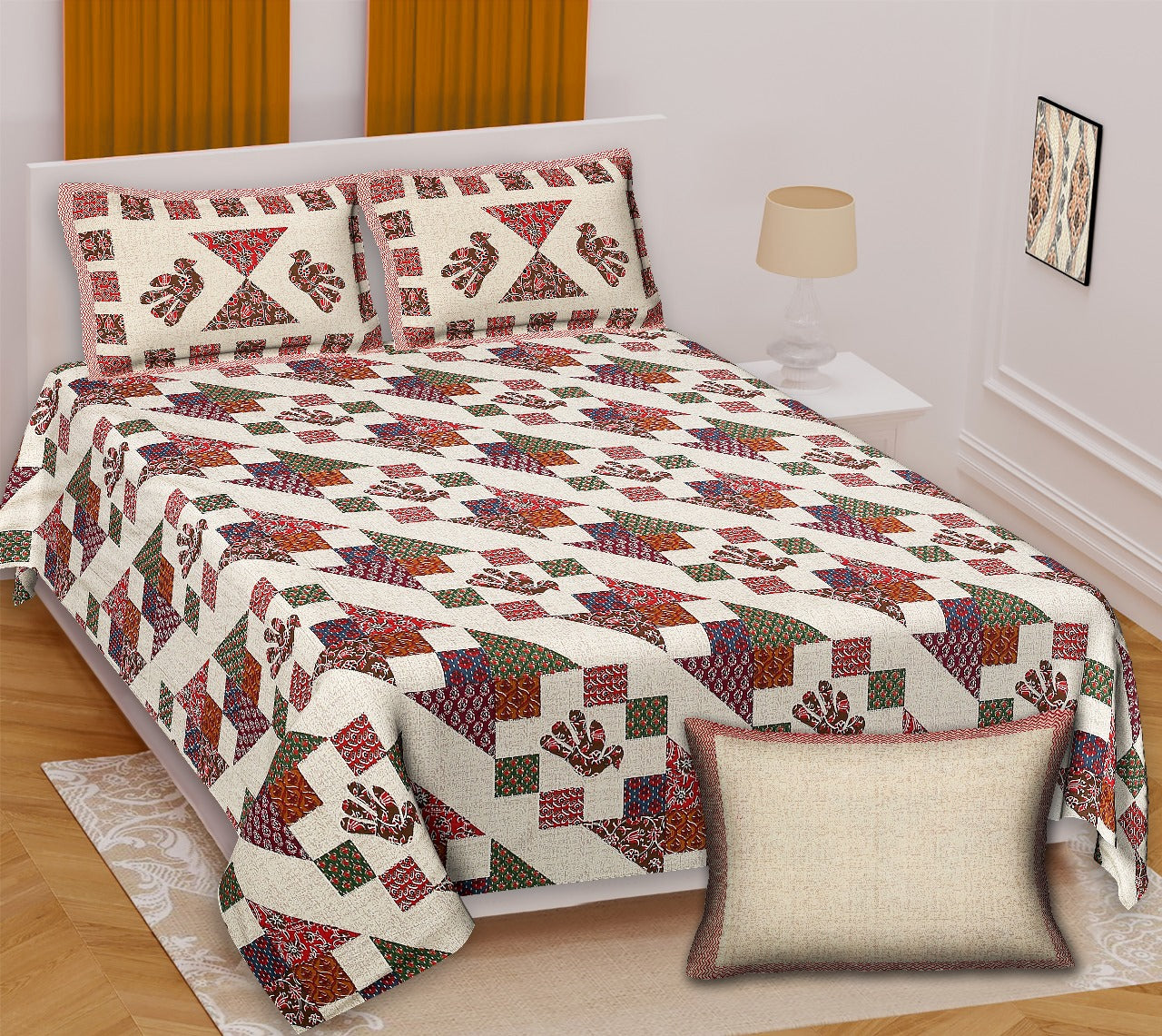 Ajrakh King Size Cotton Bedsheet (100x108") with 2 Pillow Covers