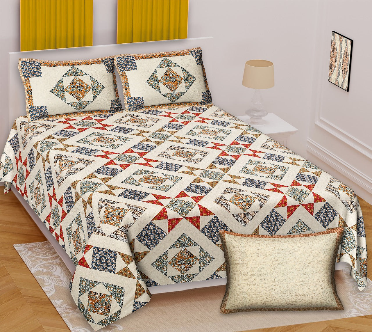 Ajrakh King Size Cotton Bedsheet (100x108") with 2 Pillow Covers
