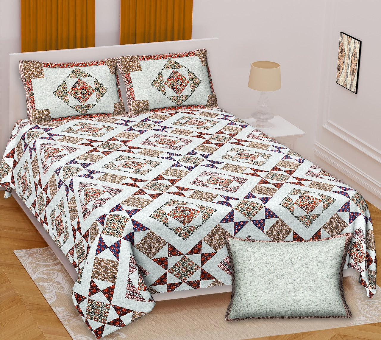 Ajrakh King Size Cotton Bedsheet (100x108") with 2 Pillow Covers