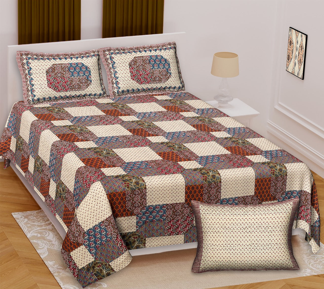 Ajrakh King Size Cotton Bedsheet (100x108") with 2 Pillow Covers