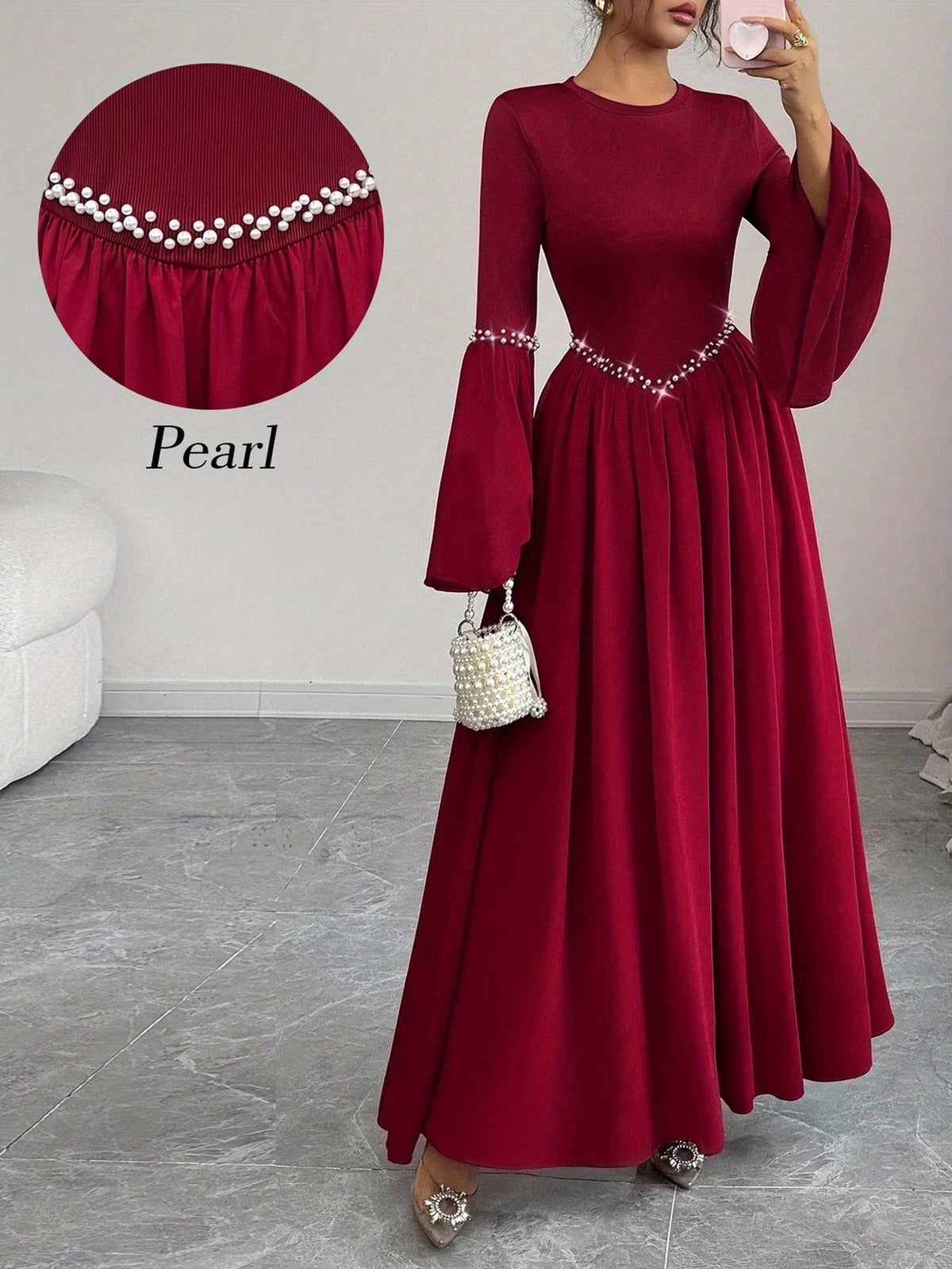 Elegant Pearled A-Line Long Sleeve Dress for Women