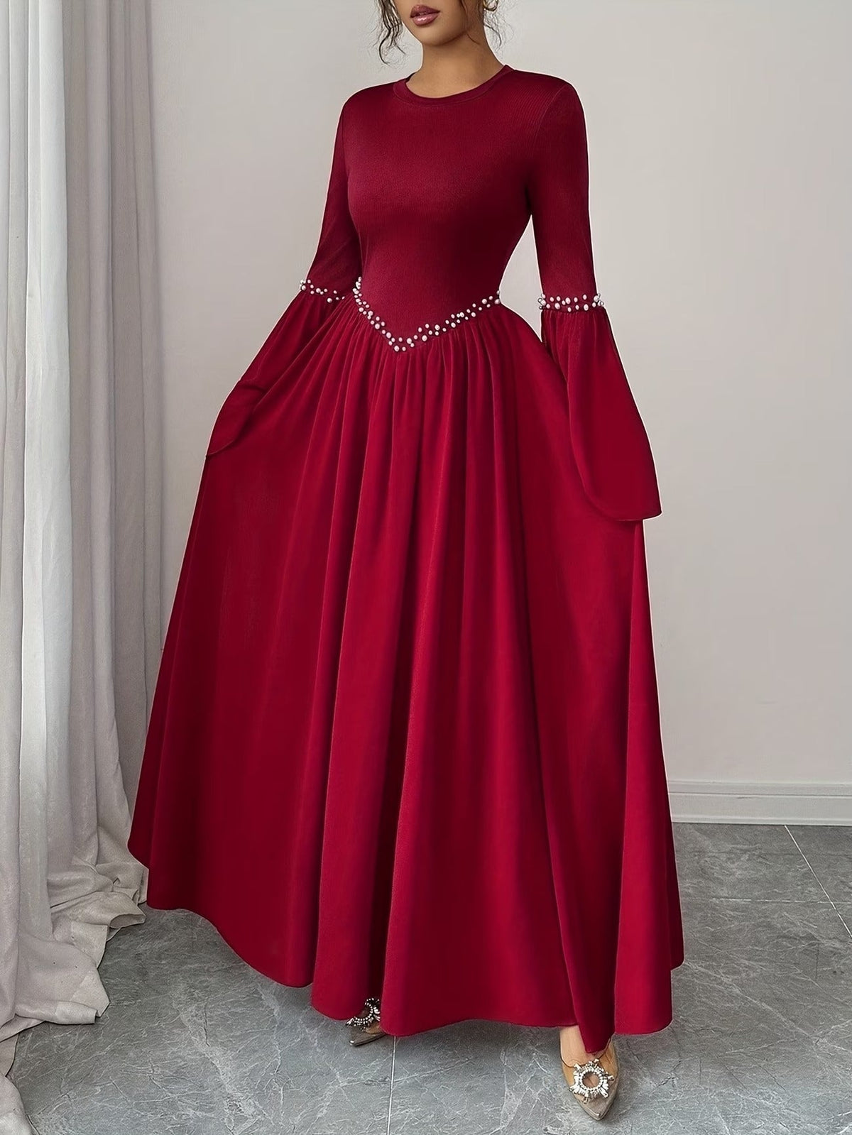 Elegant Pearled A-Line Long Sleeve Dress for Women
