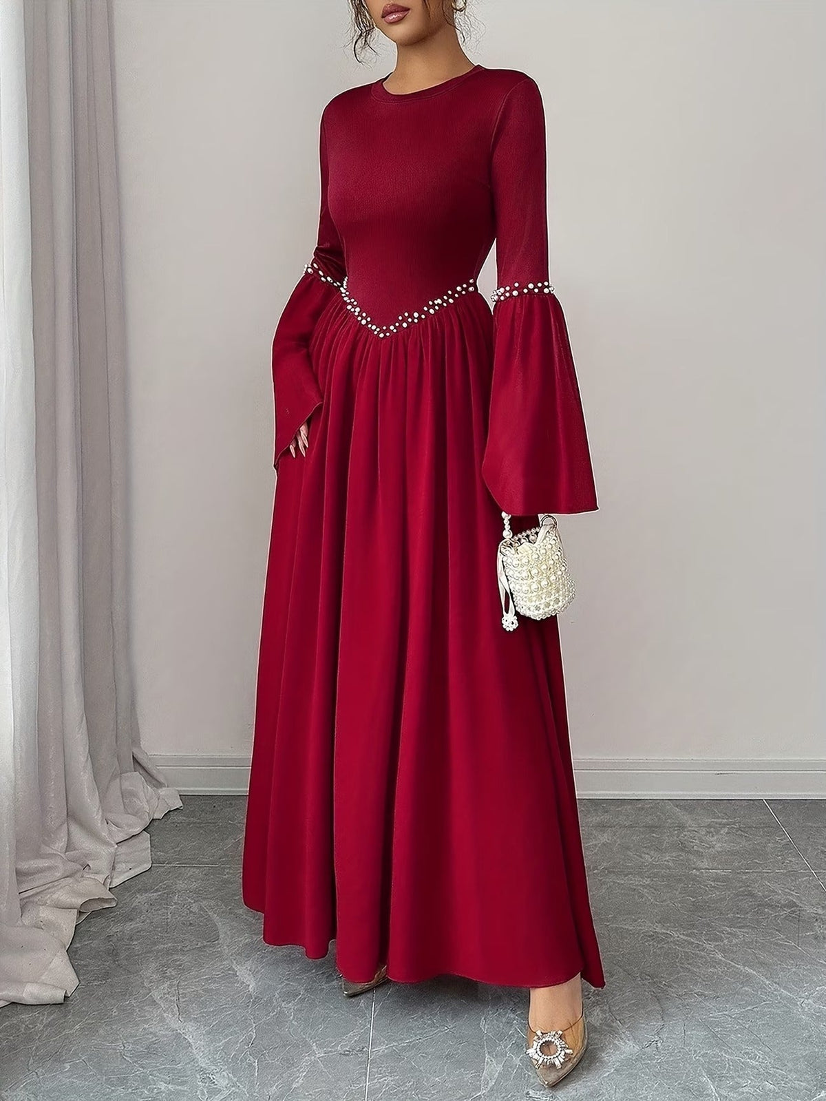 Elegant Pearled A-Line Long Sleeve Dress for Women