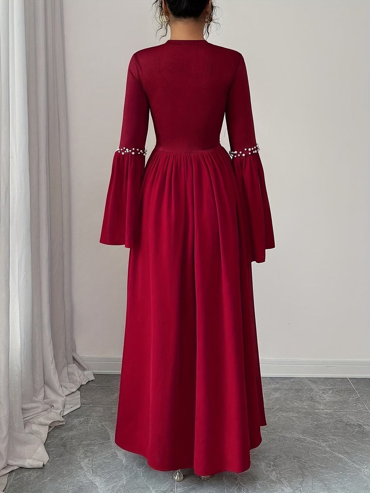 Elegant Pearled A-Line Long Sleeve Dress for Women