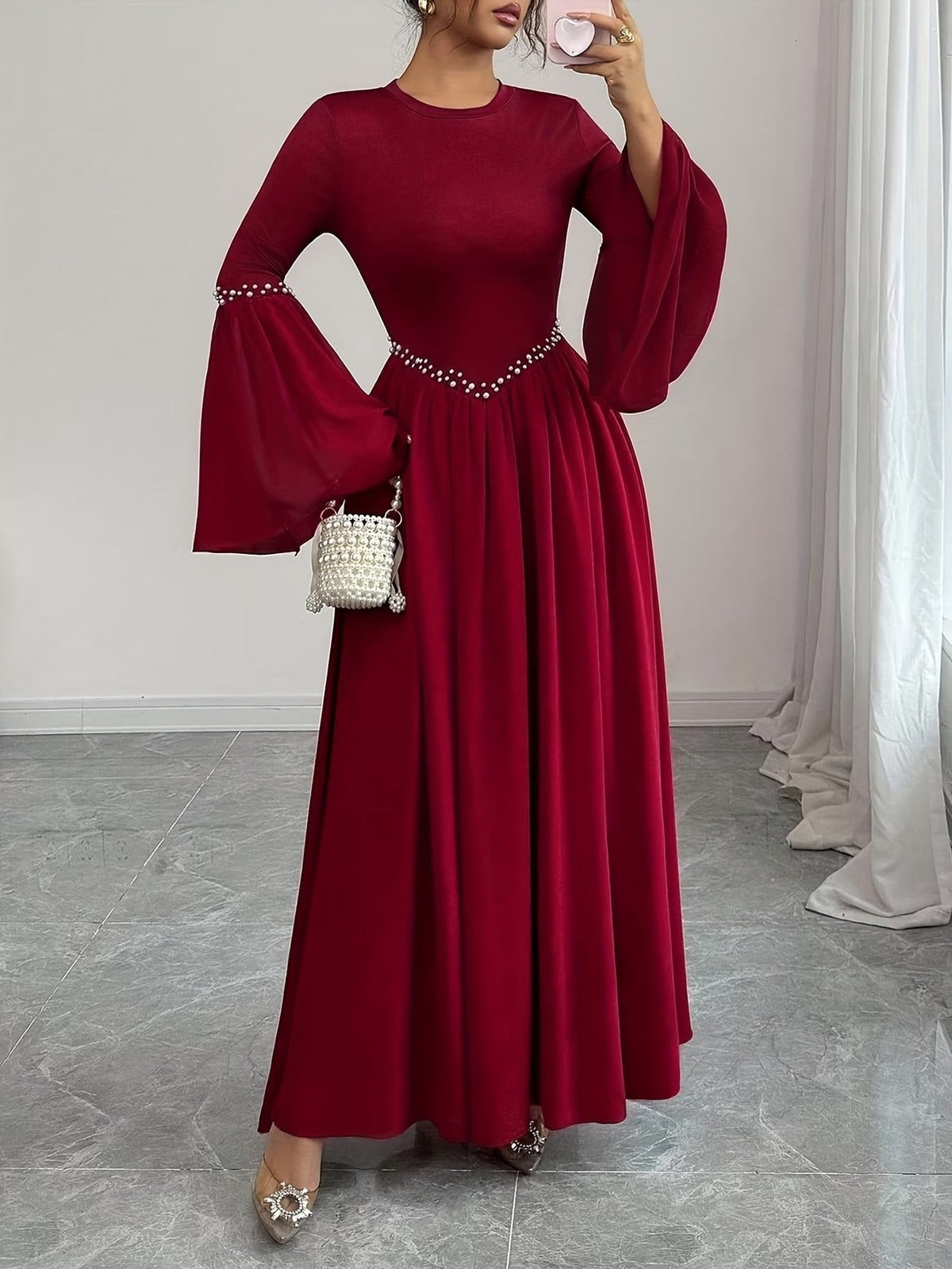 Elegant Pearled A-Line Long Sleeve Dress for Women