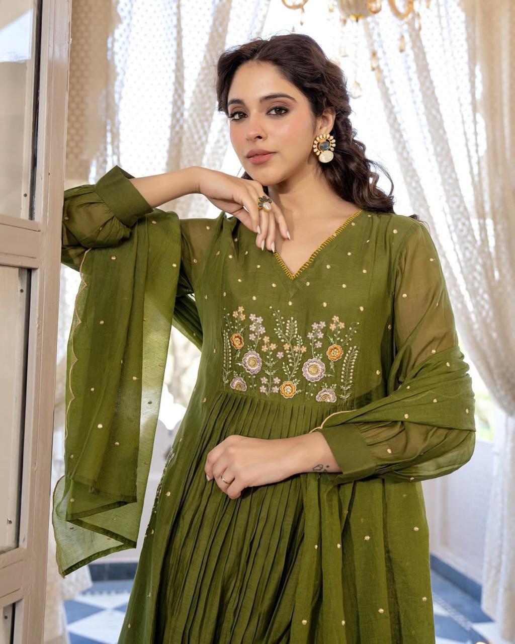 Anarkali Cotton Kurta Pant Set with Embroidery & Cutwork Dupatta